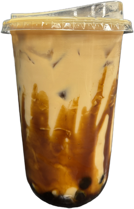Tall clear cup of caramel brown sugar milk tea with dark drizzle down the sides, tapioca at the bottom