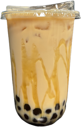 Tall clear cup of pale honey maple milk tea streaked with amber, brown sugar tapioca at the bottom