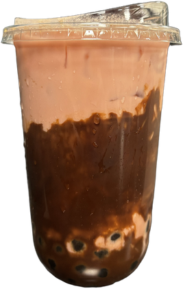 Tall clear cup of pink strawberry milk tea layered over dark chocolate syrup, brown sugar tapioca at the bottom