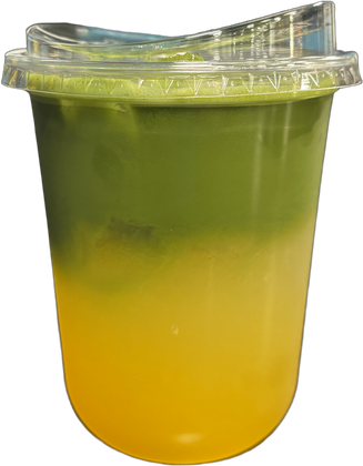 Tall clear cup split between bright orange lemonade below and green matcha above