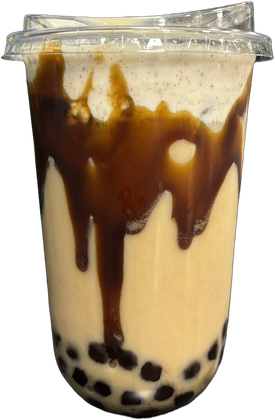 Tall clear cup of pale pumpkin milk tea with caramel drizzle down the sides, cinnamon cold foam on top and tapioca at the bottom