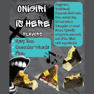 “Onigiri is here” graphic: spicy tuna, cucumber wasabi and plain